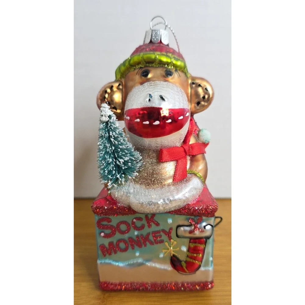 Kurt Adler Sock Monkey Jack in‎ the Box Christmas Ornament Blown Glass 6